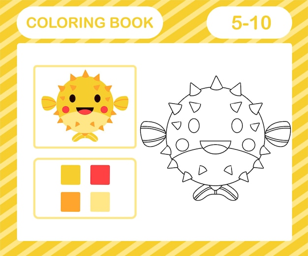 Coloring book or page cartoon cute Puffer fish,education game for kids age 5 and 10 Year Old