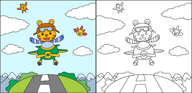 Libro da colorare o pagina tigre cartone animato alla guida di un aereo