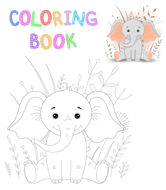 Libro da colorare o pagina per bambini in età scolare e prescolare. sviluppare la colorazione dei bambini. illustrazione del fumetto di vettore con l'elefante sveglio.