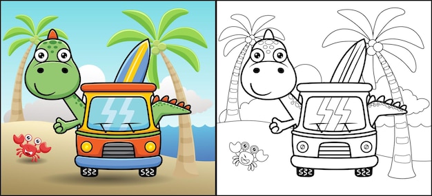 Книжка-раскраска или страница мультфильма динозавра на машине с доской для серфинга на пляже с маленьким крабом