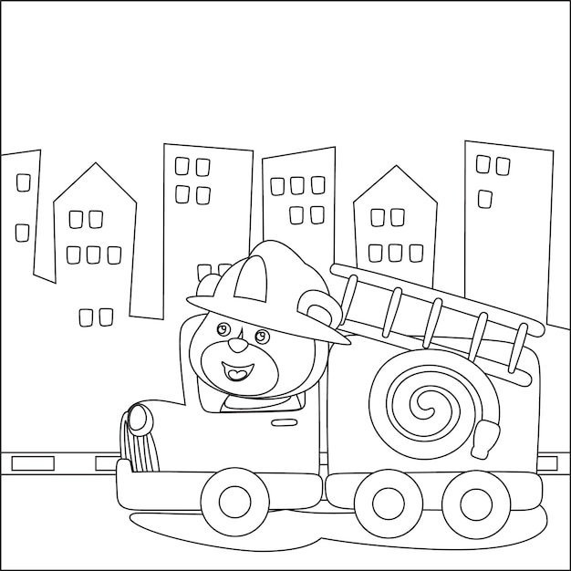 coloring book or page of fire rescue car cartoon with funny driver Cartoon isolated vector