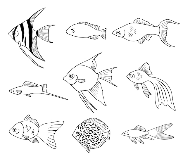 Набор рыб на странице раскраски Коллекция черно-белых рыб-каракулей Векторная иллюстрация в стиле контура, выделенная на белом