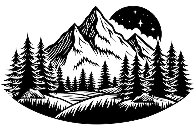 coloring book page forest with mountain