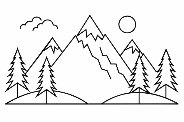 coloring book page forest with mountain