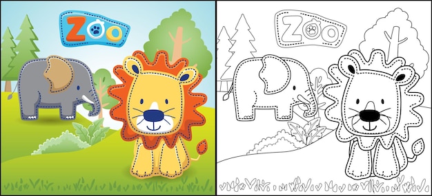 Coloring book or page of funny animals cartoon. lion with elephant in the zoo