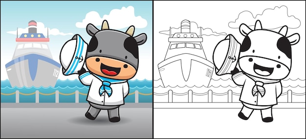 Coloring book or page of funny cow wearing sailor uniform in the port on sea background