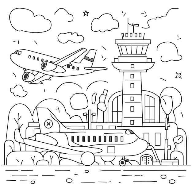 Vector coloring book page illustration of a bustling airport scene with airplanes and control tower