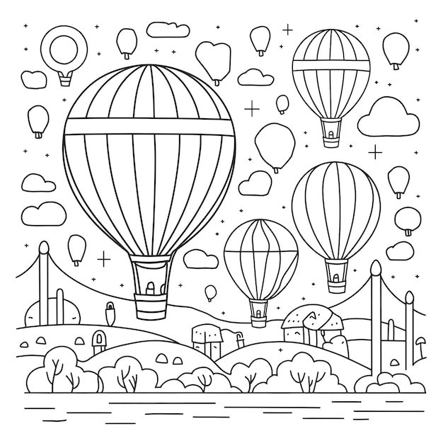 Vector coloring book page illustration of a hot air balloon festival with colorful balloons in t