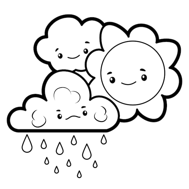 Coloring book or page for kids. Black and white sun and cloud