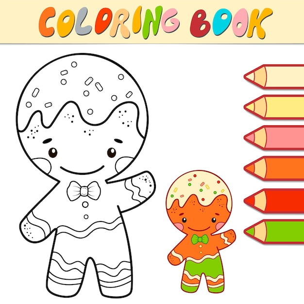 Vettore libro da colorare o pagina per bambini. illustrazione vettoriale di natale gingerbread man bianco e nero