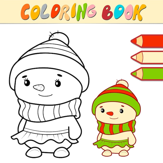 Coloring book or page for kids. Christmas snowman black and white vector illustration