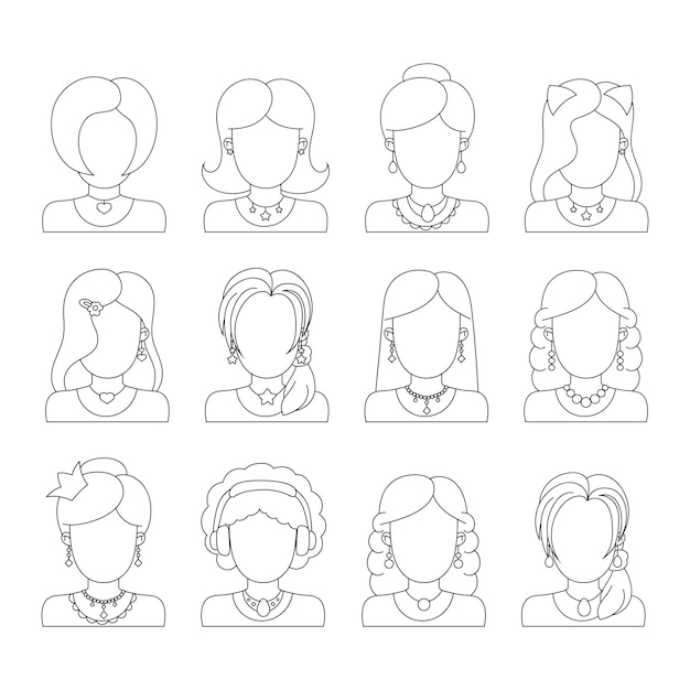 Vector coloring book page for kids. girl heads.