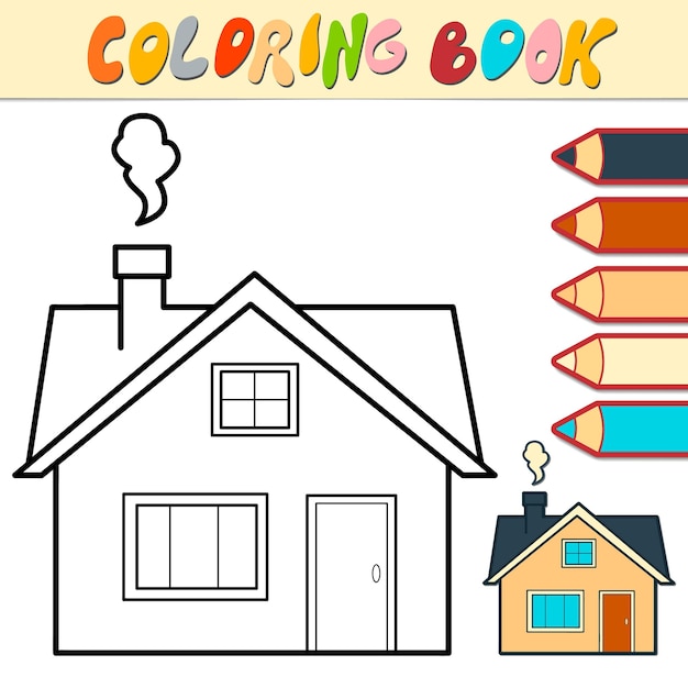 Vettore libro da colorare o pagina per bambini. illustrazione vettoriale casa in bianco e nero