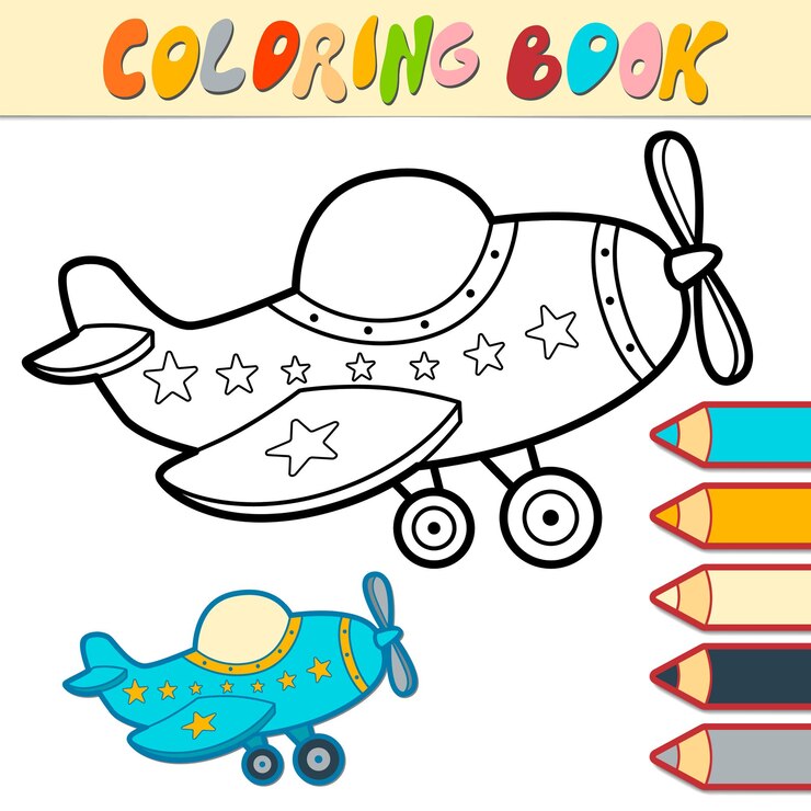 子供のための塗り絵やページ。飛行機の黒と白のイラスト