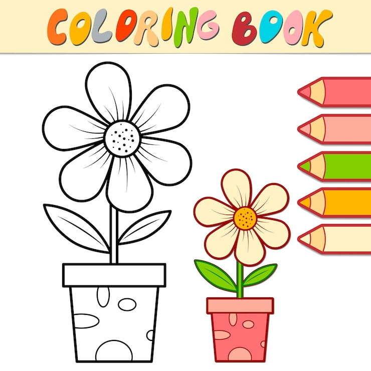 वेक्टर coloring book or page for kids. potted flower black and white illustration