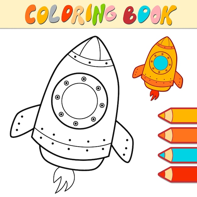 Coloring book or page for kids. rocket black and white illustration