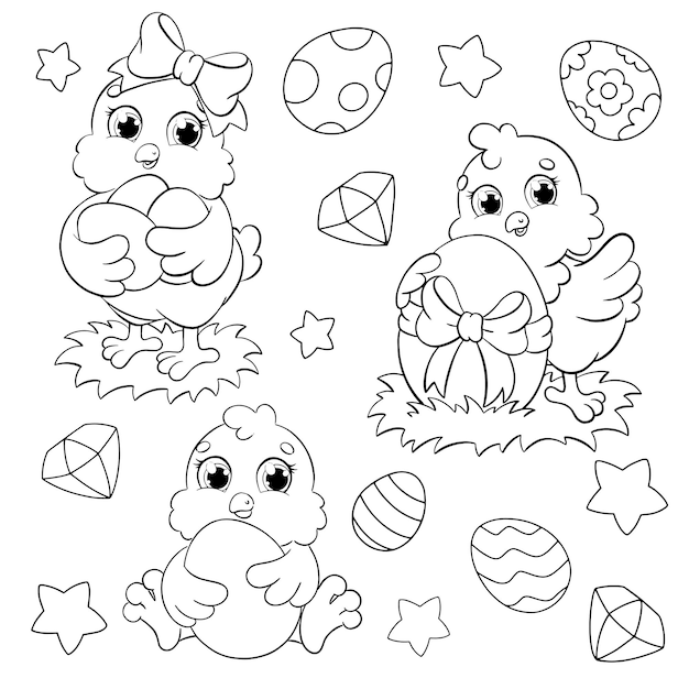 Coloring book page for kids Set of cute Easter chickens Farm birds Cartoon style character Vector illustration isolated on white background