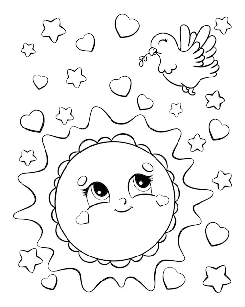 Coloring book page for kids sun and dove cartoon style character