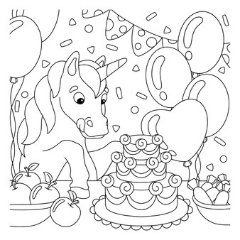 Pagina del libro da colorare per i bambini. l'unicorno alla festa di compleanno guarda la torta.