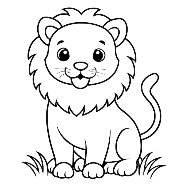 coloring book page line art black and white illustration of a cute smiling lion