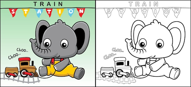 Coloring book or page of little elephant cartoon with its toy