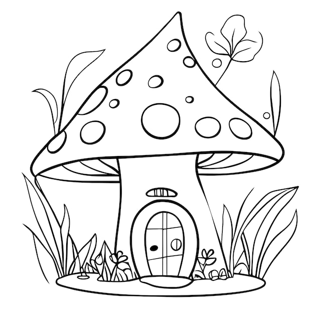 벡터 색칠 책 페이지 마법의 버섯 집