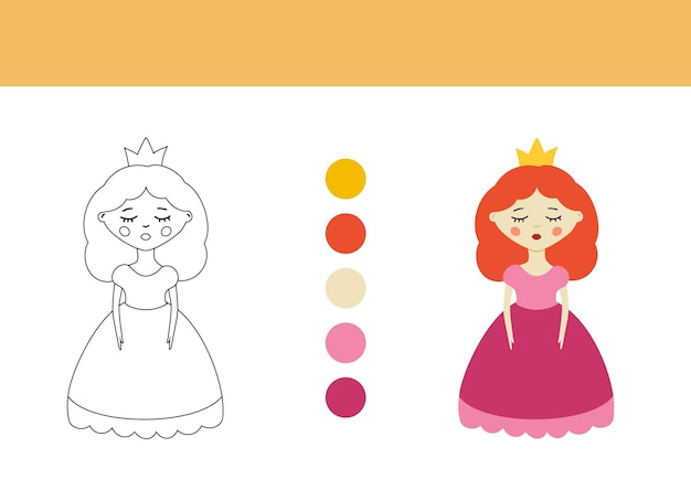 Coloring book page vector illustration Color princess doll hand drawn flat clip art