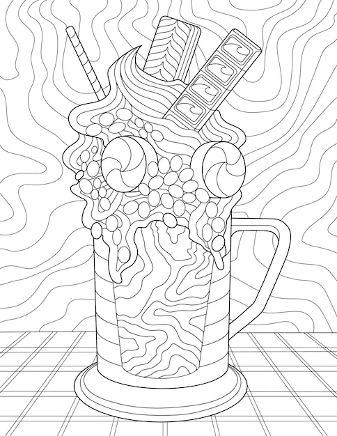 Coloring Book Page With Cup Full With Chocolates And Sweets On Table With Cloth Sheet To Be Colored With Mug Filled With Drink And Candies Dessert Set On Counter