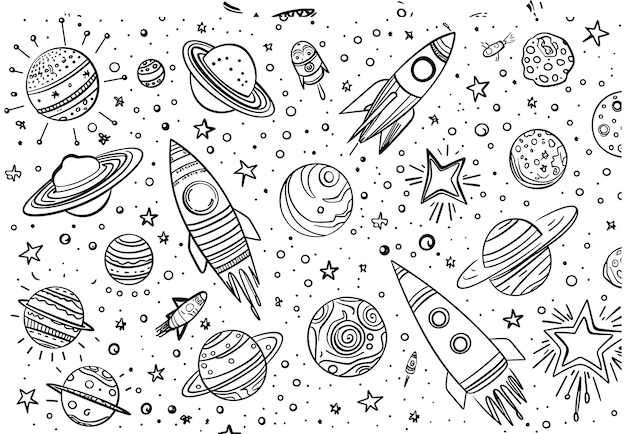 スペースオブジェクトとエイリアンの可愛いドゥードル絵のカラーブックページ 白い背景 スペース