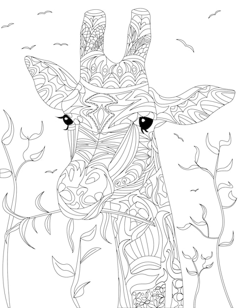 Coloring Book Page With Head Of Giraffe Looking Calm And Eating Plants Sheet To Be Colored With Camelopard With Trees In Background And Birds In Sky