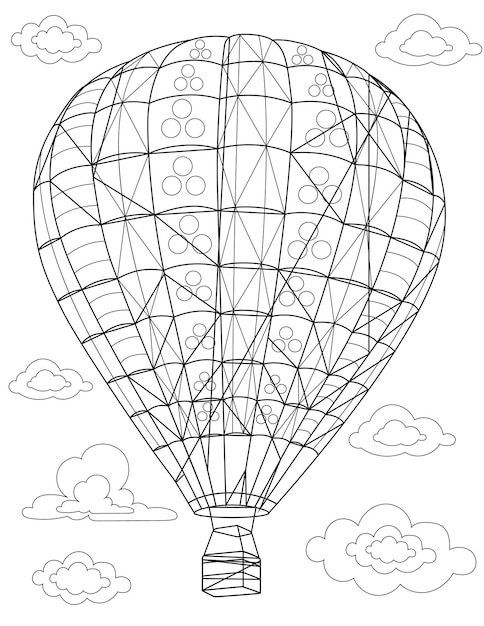 Страница книги-раскраски с рисунком воздушного шара, летящего над облаками, достигающего новых пунктов назначения