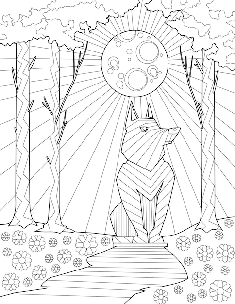 Coloring Book Page With Lone Wolf Howling At Full Moon Sheet To Be Colored With Wild Dog Standing Still On Path With Flowers Around And Trees In Back