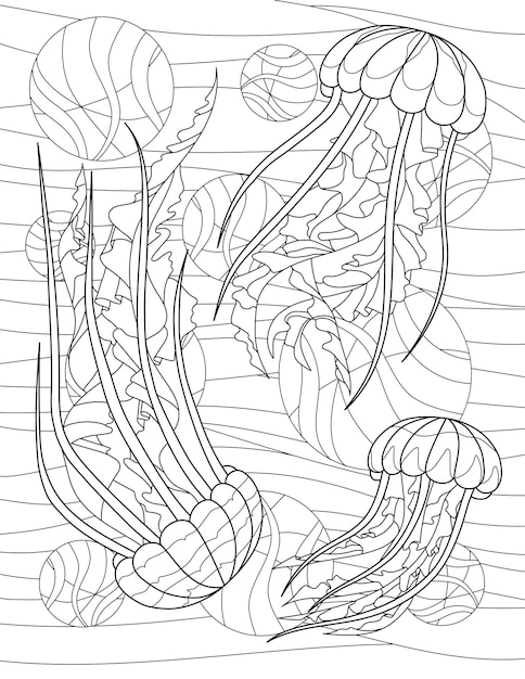 Coloring Book Page With Octopuses Swimming Underwater With Circles Of Detailed Tentacles Sheet To Be Colored With Jellyfish Going All Over Together