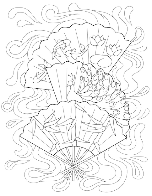 Pagina del libro da colorare con tre ventagli a mano con diversi disegni foglio da colorare con pesci che nuotano decorazioni di pavone e loto ventaglio pieghevole con varie stampe