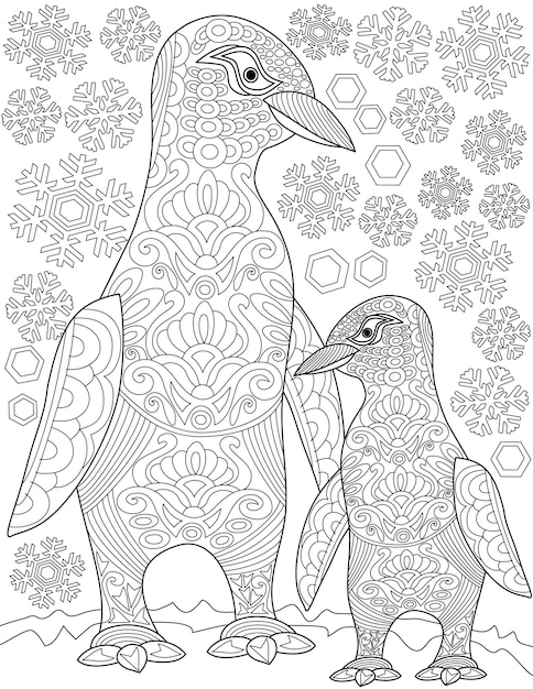 배경 시트에 눈송이와 함께 걷는 엄마와 아이 펭귄이 있는 색칠하기 책 페이지는 서로 옆에 두 개의 행복한 바다 새와 함께 색칠됩니다.