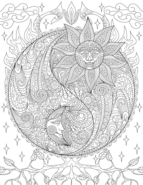 Coloring book page with yin yang symbols with sun on one side and moon on other sheet to be colored with sign presenting day and night with leaves in background