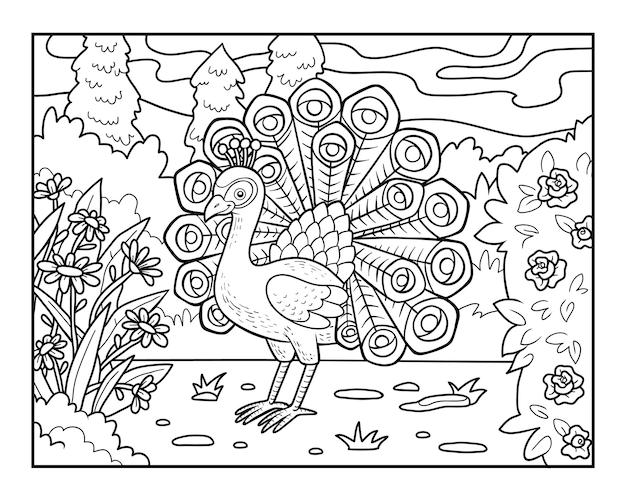 Coloring book Peacock in the royal park