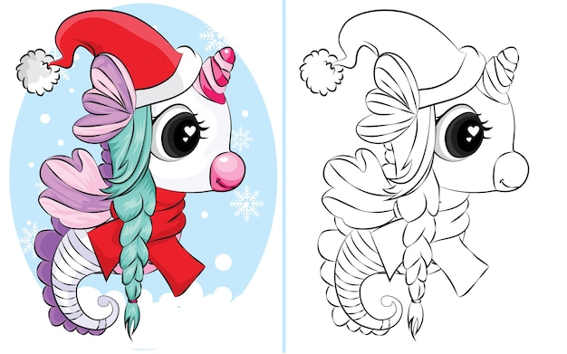 Coloring book of Seahorse with santa hat and scarf. coloring book for children.