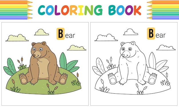 Вектор Книжка-раскраска сидит медведь мультипликационный персонаж