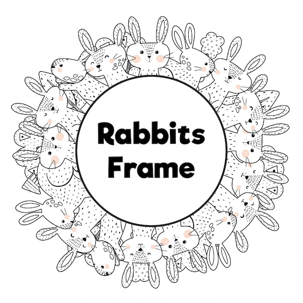 Coloring book style frame with funny rabbits