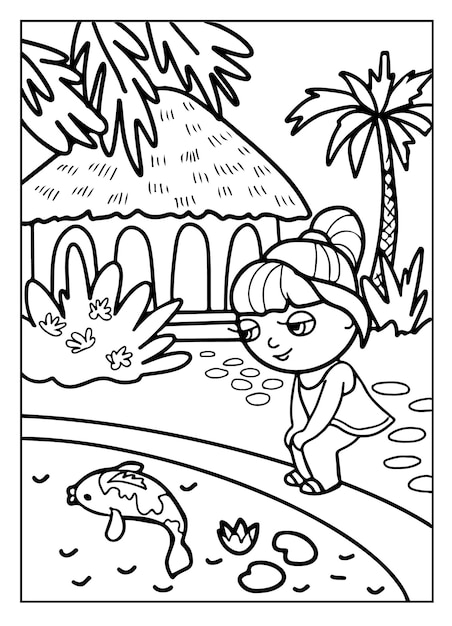 Coloring book summer activity Cute baby girl walks in a tropical park