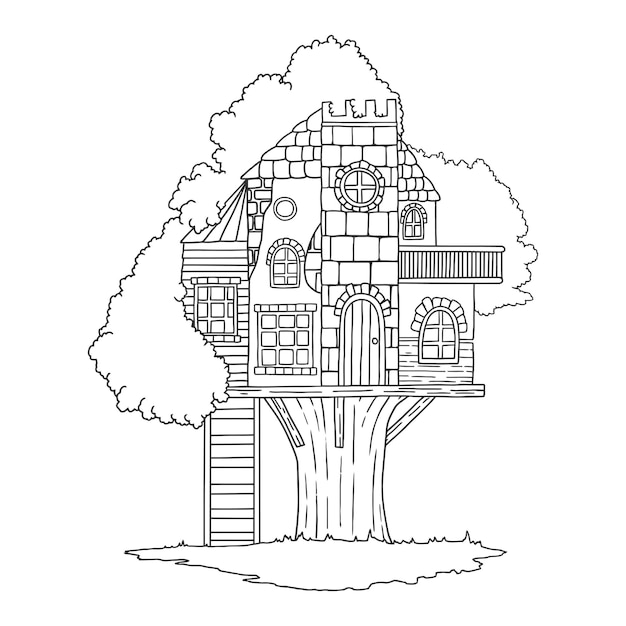 Coloring book tree house pictures doodle line art style for children and adults