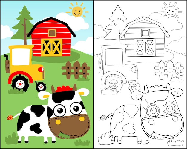 Coloring book vector with cute cow cartoon in the farm field