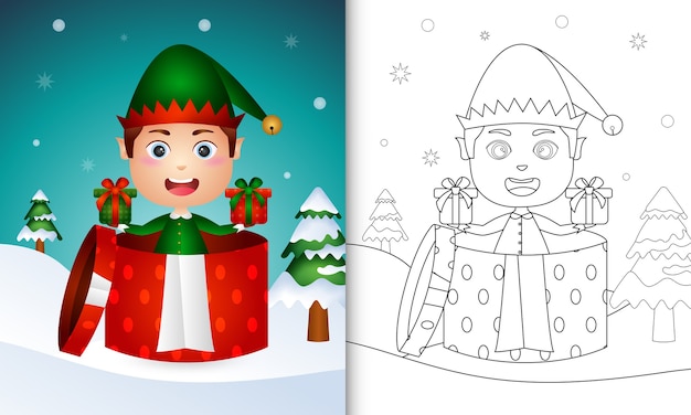 Coloring book with a boy elf christmas characters