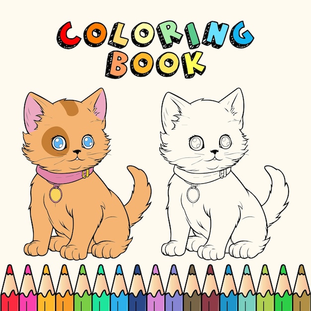 A coloring book with a cat sitting on the top of it.