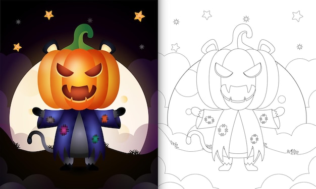 Coloring book with a cute black cat using costume scarecrow and pumpkin halloween