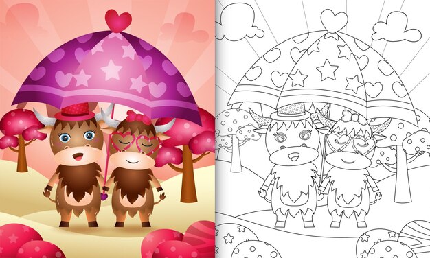 Vector coloring book with a cute buffalo couple holding umbrella themed valentine day