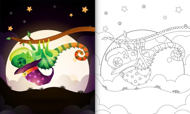 Coloring book with a cute cartoon halloween witch chameleon front the moon