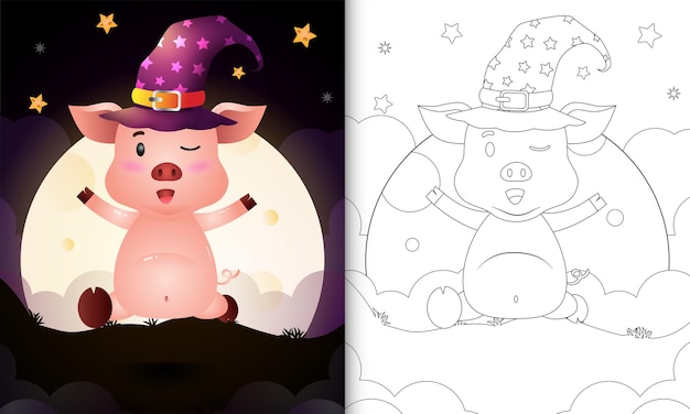 Coloring book with a cute cartoon halloween witch pig front the moon