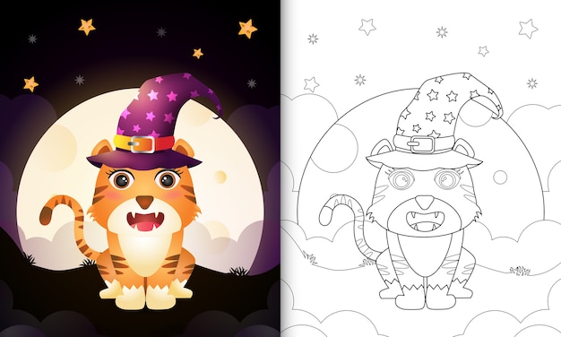 Coloring book with a cute cartoon halloween witch tiger front the moon